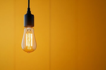Fototapete - A glowing lightbulb with a vintage filament design illuminates a pastel yellow backdrop, enhancing the warm ambiance and providing effective copy space for text