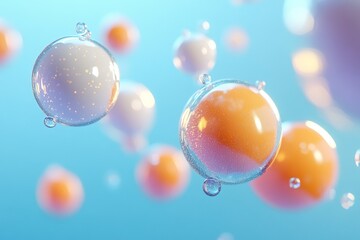 Leinwandbilder - Colorful bubbles floating in a bright blue background create a whimsical and playful atmosphere