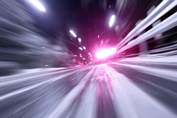 Poster - Speeding through a vibrant city street illuminated by neon lights at night showcasing dynamic motion and energy