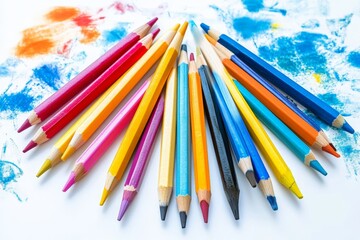 Poster - Colorful assortment of pencils arranged on a vibrant splash of paint in an artistic setting