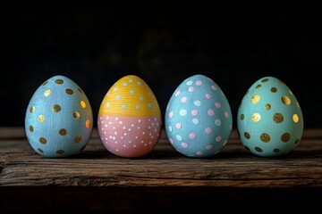 Poster - Colorful decorative Easter eggs on a rustic wooden surface create a festive atmosphere for spring celebrations