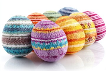 Poster - Colorful knitted Easter eggs displayed on a reflective surface, showcasing intricate patterns and vibrant hues for festive decoration