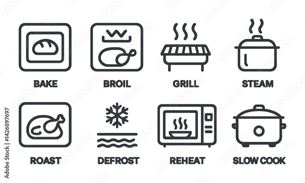 Process Symbol Cooking เวกเตอร์ Stock Cooking method icons set: linear style for culinary ...