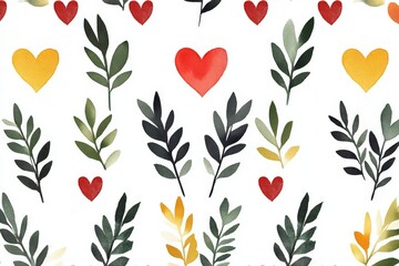 Aufkleber - Vibrant watercolor pattern featuring leaves and hearts on a light background