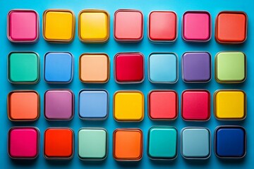 Aufkleber - Colorful square containers arranged on a blue background showcasing a vibrant display of hues and shades in a creative layout