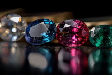 Poster - Colorful gems displayed on a dark surface with reflections showcasing their brilliance and clarity
