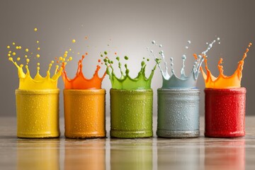 Aufkleber - Colorful paint cans create splash patterns on a smooth surface in a vibrant display of creativity