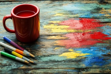 Aufkleber - Creative workspace with colorful paint, brush pencils, and a vibrant red mug filled with liquid during a cozy afternoon