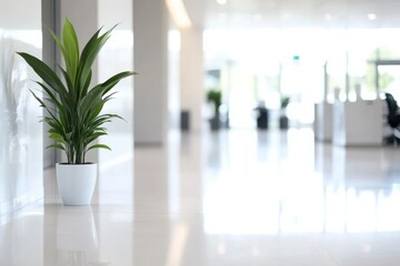 Leinwandbilder - This bright office features clean white walls, vibrant green plants, and expansive glass windows, creating a welcoming atmosphere filled with natural light