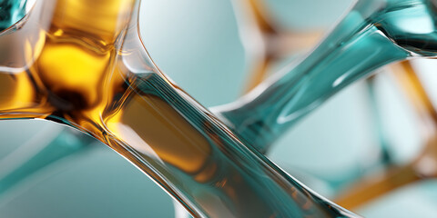 Fototapete - Close-up of amber and teal glass abstract forms, creating a sleek and modern appearance, showcasing a sense of fluidity and elegance, ideal for design or technology concepts