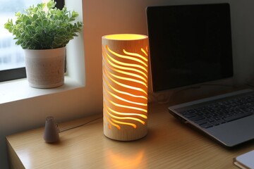 Aufkleber - Stylish wooden lamp with warm glow illuminating a cozy workspace in a modern office setting