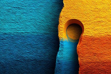 Aufkleber - Brightly colored textured surface with circular hole, showcasing vibrant blue and orange hues in an artistic display