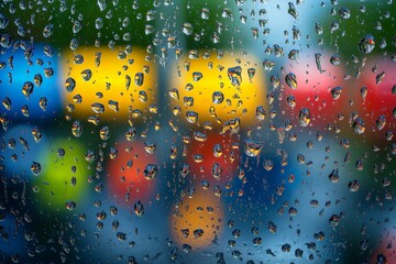 Aufkleber - Vibrant colors appearing through rain droplets on a windowpane during a quiet afternoon
