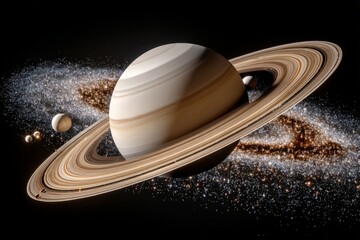 Poster - Beautiful view of Saturn surrounded by its moons and rings in deep space with distant galaxies visible