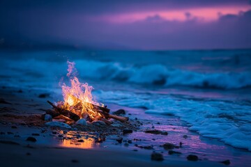 Aufkleber - Campfire lights the beach at sunset with rolling waves and a vibrant sky