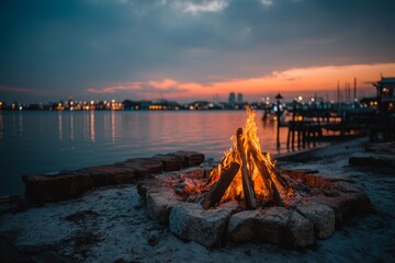 Aufkleber - Campfire by the water during sunset with city skyline and clouds in the background