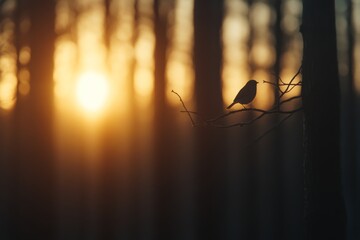 Poster - A small bird rests on a bare branch, silhouetted against a stunning golden sunset sky, with blurred trees creating a serene background atmosphere