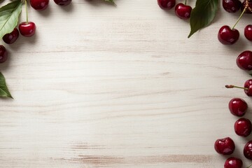 Aufkleber - Top-down view showcases a circular arrangement of ripe cherries and glossy leaves on a clean white wooden surface, ideal for a fresh and vibrant presentation