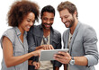 © Visual Craft - Multi-ethnic team of three young professionals in smart-casual attire, gathered around a sleek tablet, engaged in collaborative discussion PNG cutout on transparent background