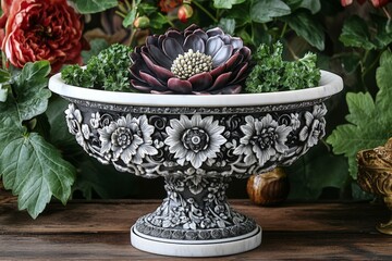 Poster - Elegant decorative bowl with floral design and water lily centerpiece in lush garden setting