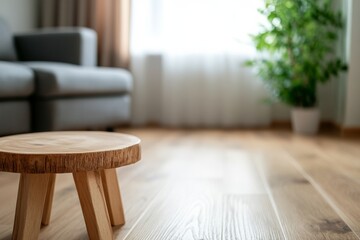 Aufkleber - This cozy modern living room showcases natural wooden furniture with a minimalistic design, featuring soft lighting and greenery visible through large windows