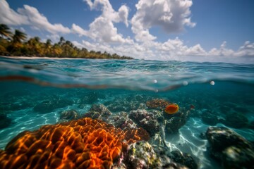 Aufkleber - Underwater view of a lively coral reef brimming with diverse marine life, illuminated by sunlight filtering through clear water. Clear space on the left adds depth