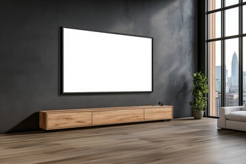 Leinwandbilder - Bright living room features wooden sideboard, white sofa, lush green plants, and a large empty poster frame, ideal for spring decor inspiration and warmth