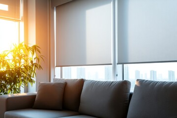 Poster - Contemporary living room features white roller blinds, a gray sofa, and a vibrant houseplant, all bathed in warm afternoon sunlight with ample copy space