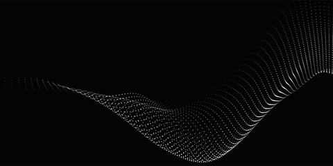 Wall Mural - Abstract background with dynamic black and white wave. Futuristic dotted wave of bright particles on dark background. Weave effect. Background for presentation design. Wide format 3D illustration.
