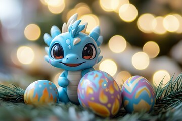 Poster - Colorful dragon figurine with decorated eggs on a festive background during spring celebration