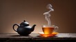 © GenZGraphics - Old wooden table holding a teapot and a cup of tea with steam emanating from it