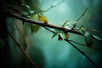 Poster - Nature embraces a delicate branch adorned with leaves under soft misty light in a serene forest setting