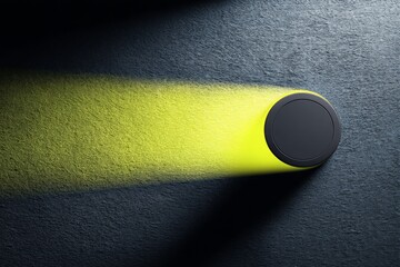 Leinwandbilder - Bright yellow light beam extending from a circular device on a textured dark surface in a dimly lit setting