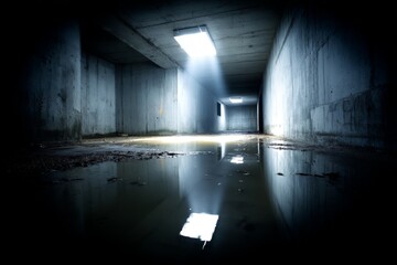 Aufkleber - Exploring a dark underground tunnel with reflections from skylights and standing water