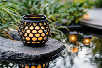 Poster - Elegant candle holder illuminates serene garden pond at twilight, creating a peaceful ambiance surrounded by lush greenery
