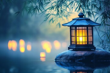 Aufkleber - Tranquil evening lantern lights up misty waters in a serene garden setting by the lakeside