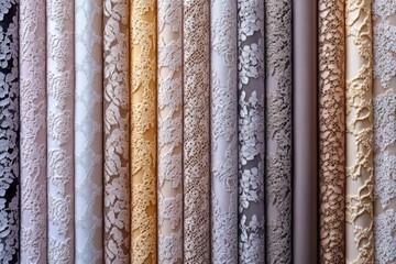 Aufkleber - Exploring a vibrant collection of lace fabrics in an artisan textile shop during daylight hours
