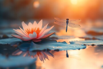 Poster - Dragonfly hovering near a water lily at sunset in a serene pond landscape