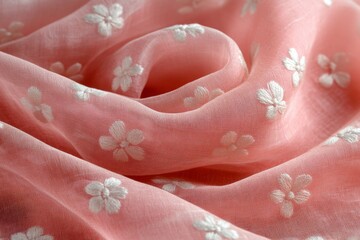 Poster - Soft pink fabric with white embroidered flowers gently draped on a surface, showcasing intricate details and texture in natural light