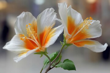 Poster - Vibrant hibiscus flowers bloom with orange and white petals in a blurred indoor setting