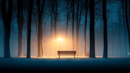 Aufkleber - Softly falling snow blankets the winter park, where a warm streetlamp illuminates a secluded bench surrounded by trees and twinkling fairy lights