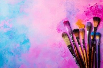 Leinwandbilder - A vibrant collection of paintbrushes lies atop colorful watercolor splashes, beautifully illustrating the essence of creativity and the art-making process