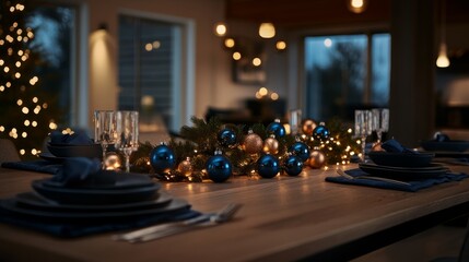 Aufkleber - Bright holiday table setting showcases blue and gold ornaments with pine branches, complimented by a light tablecloth in a warm, inviting ambiance