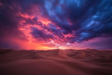 Fototapete - A captivating twilight display unfolds with dark clouds swirling above, light piercing through to create a tense atmosphere over the vast desert landscape