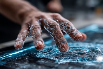 Leinwandbilder - Hand interacting with a holographic interface displaying digital connections in a modern workspace