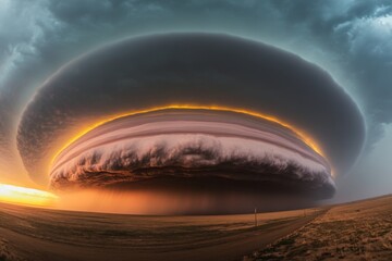 Aufkleber - Dark storm clouds gather over a vast landscape at sunset creating a striking atmospheric phenomenon