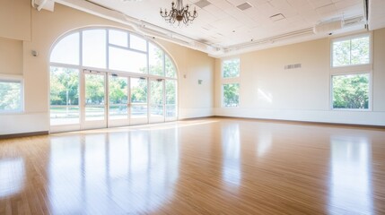 Leinwandbilder - Bright and spacious room features large arched windows that fill the space with natural light, showcasing polished wood floors and a vintage chandelier