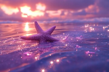 Aufkleber - Starfish rests on the shoreline under a vibrant sunset filled with purple and orange hues