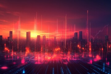 Poster - City skyline illuminated by vibrant digital patterns at sunset with data analytics visualizations