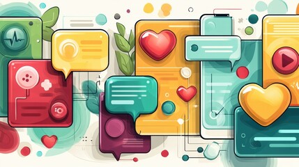 Poster - Modern Healthcare Chatbot With Colorful Design Featuring Heart Symbols and Interactive Elements for User Engagement
